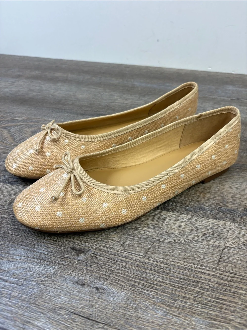 J.Crew Woven Polka Dot Ballet Flats Tan Ivory Bow Women’s Size 8.5